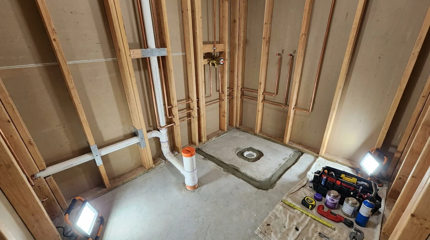 Bathroom rough-in plumbing during remodel by Johns Plumbing LLC in New Lebanon