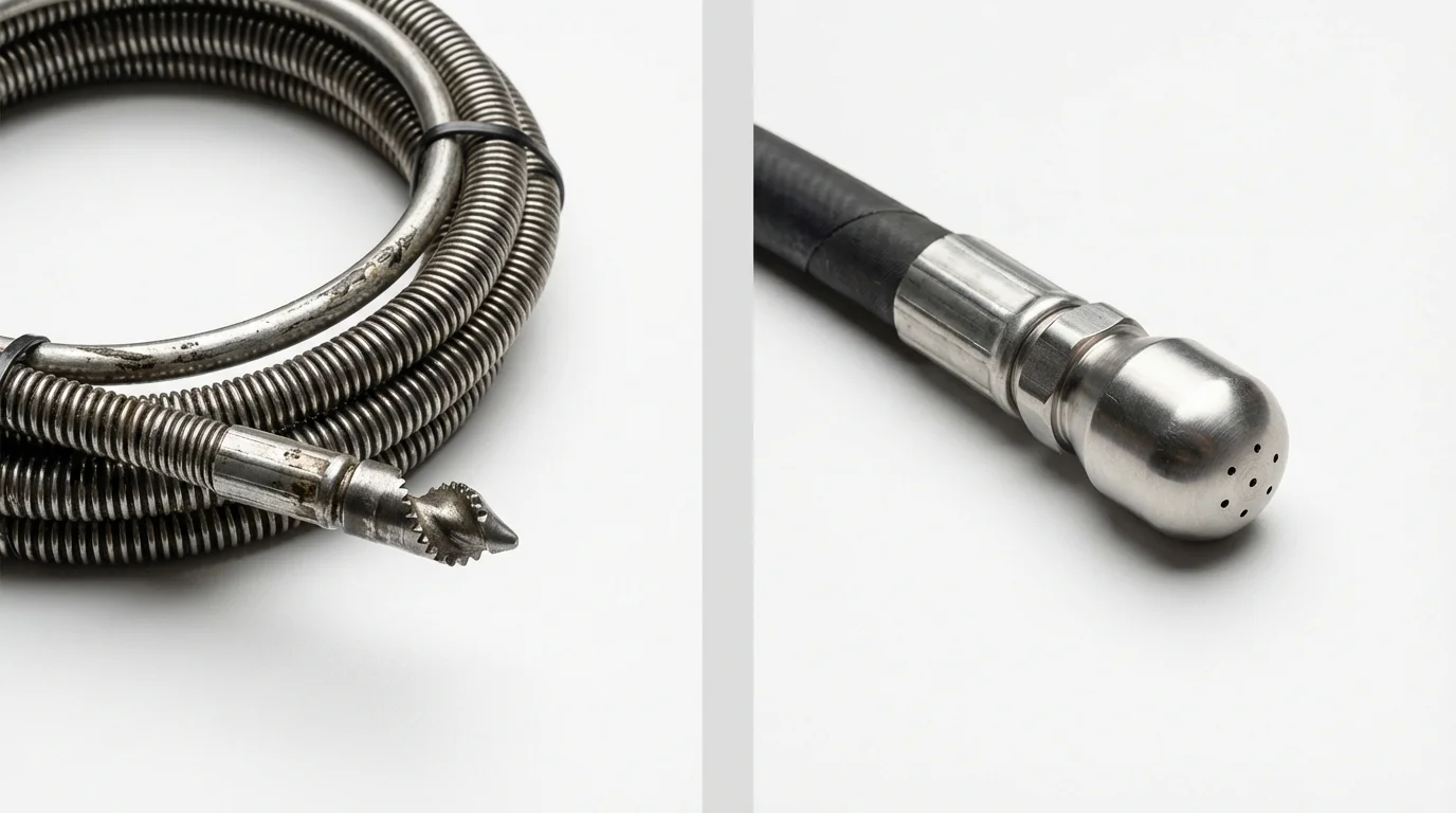 Drain snake cable and hydro jetting nozzle used for drain cleaning in New Lebanon, OH