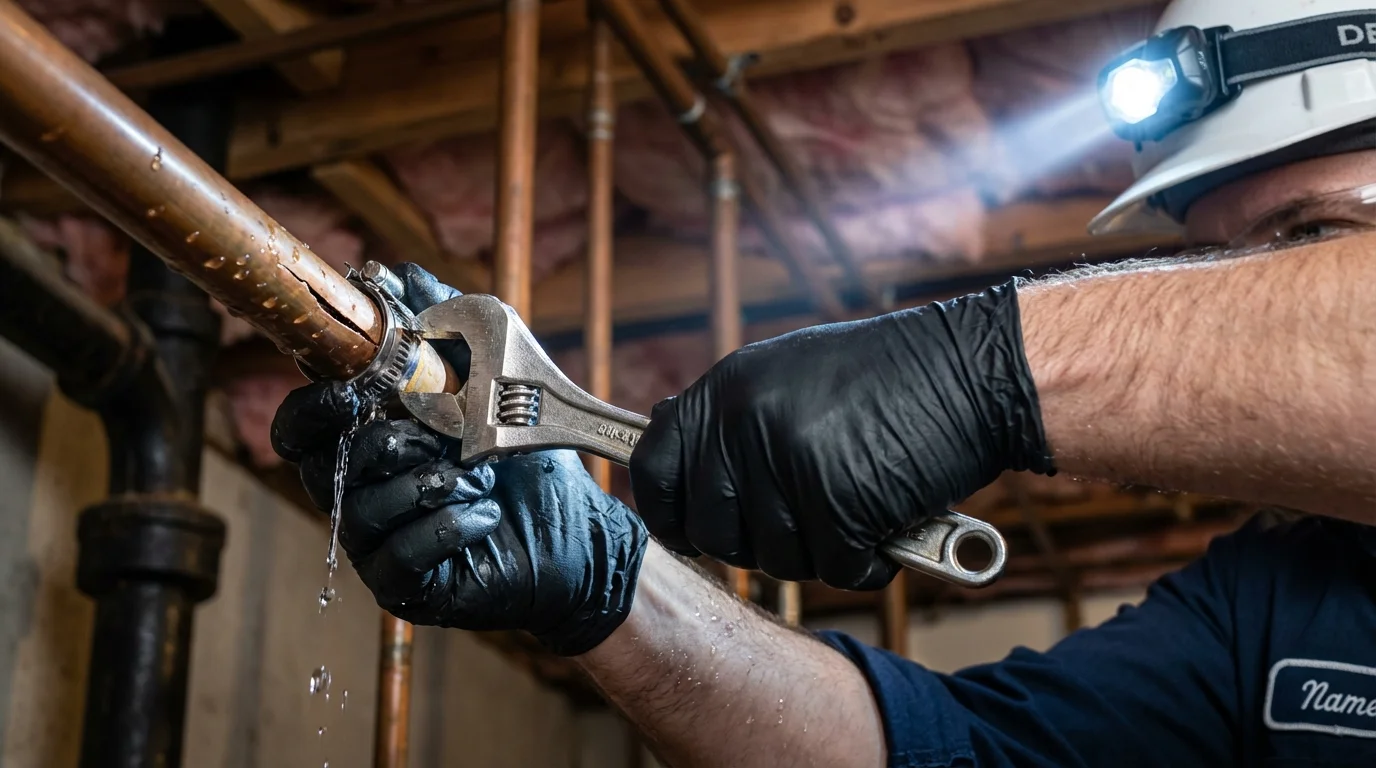 Emergency pipe clamp repair being performed by a Johns Plumbing LLC plumber in New Lebanon