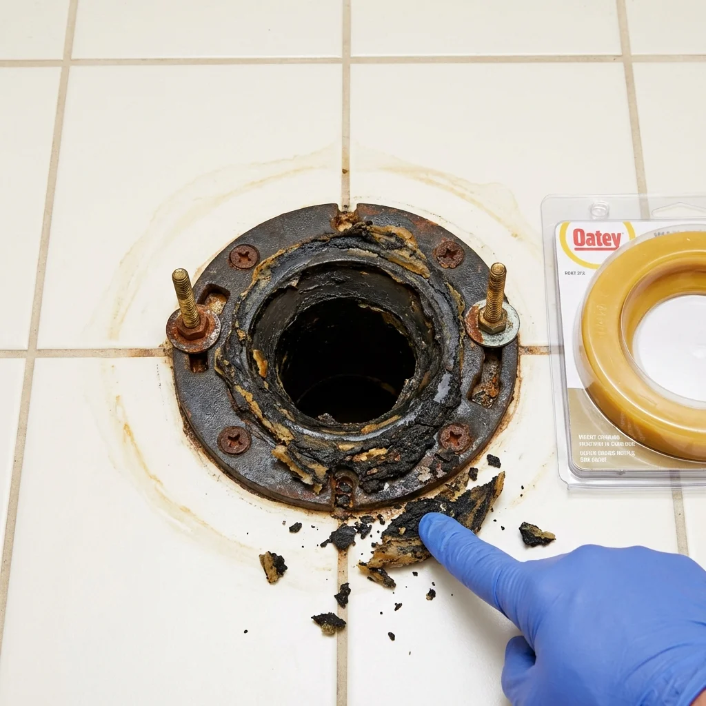 Failed wax ring showing water seepage at the base of a toilet in a New Lebanon, OH home