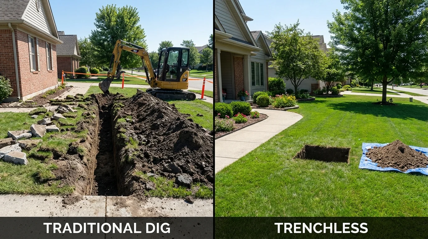 Trenchless sewer repair with minimal yard damage versus traditional excavation in New Lebanon, OH