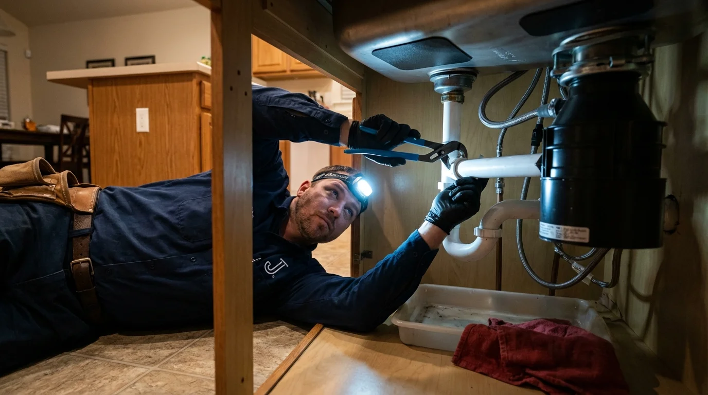 P-trap and supply line connections under a kitchen sink showing a common leak point in New Lebanon, OH